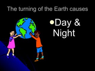 The turning of the Earth causes Day & Night 