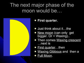The next major phase of the moon would be… First quarter. Just think about it…the New moon  (can only  get bigger. Or = Waxing).. Then comes  Waxing crescent  …next is First quarter …then  Waxing Gibbous  and  then a  Full Moon . 