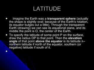 LATITUDE      Imagine the Earth was a  transparent sphere  (actually the shape is slightly oval; because of the Earth's rotation, its equator bulges out a little). Through the transparent Earth (drawing) we can see its equatorial plane, and its middle the point is O, the center of the Earth.  To specify the latitude of some point P on the surface, draw the radius OP to that point. Then the  elevation angle  of that point  above the equator  is its latitude λ--northern latitude if north of the equator, southern (or negative) latitude if south of it.      