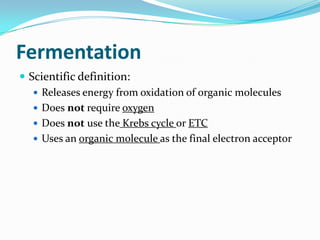 Fermentation
 Scientific definition:
    Releases energy from oxidation of organic molecules
    Does not require oxygen
    Does not use the Krebs cycle or ETC
    Uses an organic molecule as the final electron acceptor
 