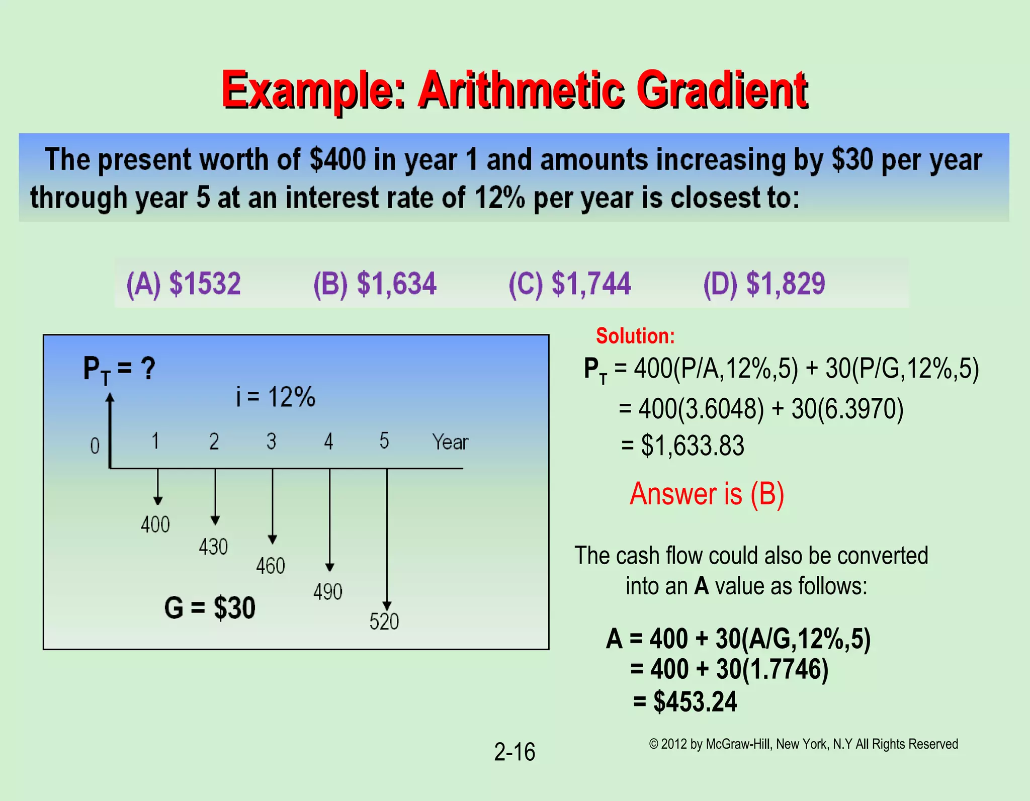 © 2012 by McGraw-Hill, New York, N.Y All Rights Reserved
2-16
Example: Arithmetic GradientExample: Arithmetic Gradient
= 400(3.6048) + 30(6.3970)
= $1,633.83
Answer is (B)
PT = 400(P/A,12%,5) + 30(P/G,12%,5)
The cash flow could also be converted
into an A value as follows:
A = 400 + 30(A/G,12%,5)
= 400 + 30(1.7746)
= $453.24
Solution:
 