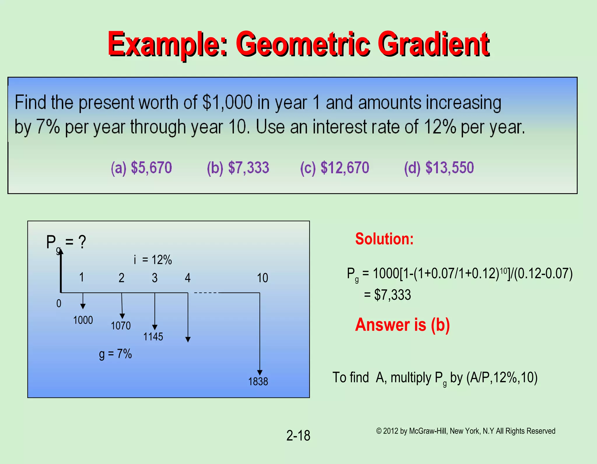 Example: Geometric GradientExample: Geometric Gradient
© 2012 by McGraw-Hill, New York, N.Y All Rights Reserved
2-18
0
1 2 3 10
1000
1070
4
1145
1838
Pg = ? Solution:
Pg = 1000[1-(1+0.07/1+0.12)10
]/(0.12-0.07)
= $7,333
Answer is (b)
g = 7%
i = 12%
To find A, multiply Pg by (A/P,12%,10)
 