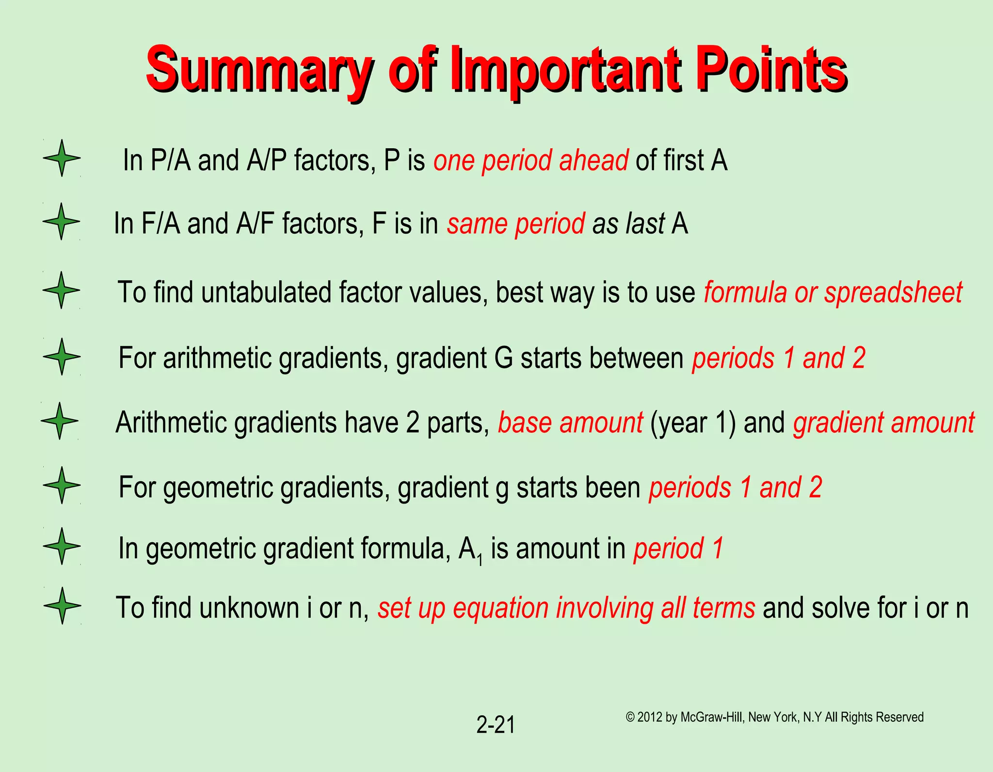 Summary of Important PointsSummary of Important Points
© 2012 by McGraw-Hill, New York, N.Y All Rights Reserved
2-21
In P/A and A/P factors, P is one period ahead of first A
In F/A and A/F factors, F is in same period as last A
To find untabulated factor values, best way is to use formula or spreadsheet
For arithmetic gradients, gradient G starts between periods 1 and 2
Arithmetic gradients have 2 parts, base amount (year 1) and gradient amount
For geometric gradients, gradient g starts been periods 1 and 2
In geometric gradient formula, A1 is amount in period 1
To find unknown i or n, set up equation involving all terms and solve for i or n
 