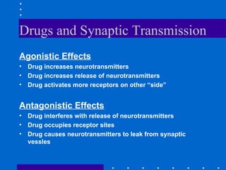 Drugs and Synaptic Transmission Agonistic Effects Drug increases neurotransmitters Drug increases release of neurotransmitters Drug activates more receptors on other “side” Antagonistic Effects Drug interferes with release of neurotransmitters Drug occupies receptor sites Drug causes neurotransmitters to leak from synaptic vessles 