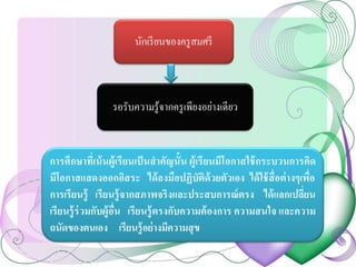 นักเรียนของครูสมศรี
รอรับความรู้จากครูเพียงอย่างเดียว
การศึกษาที่เน้นผู้เรียนเป็นสาคัญนั้น ผู้เรียนมีโอกาสใช้กระบวนการคิด
มีโอกาสแสดงออกอิสระ ได้ลงมือปฏิบัติด้วยตัวเอง ได้ใช้สื่อต่างๆเพื่อ
การเรียนรู้ เรียนรู้จากสภาพจริงและประสบการณ์ตรง ได้แลกเปลี่ยน
เรียนรู้ร่วมกับผู้อื่น เรียนรู้ตรงกับความต้องการ ความสนใจ และความ
ถนัดของตนเอง เรียนรู้อย่างมีความสุข
 