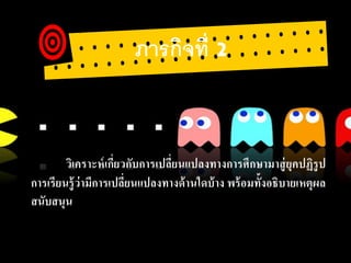 ภารกิจที่ 2
วิเคราะห์เกี่ยวกับการเปลี่ยนแปลงทางการศึกษามาสู่ยุคปฏิรูป
การเรียนรู้ว่ามีการเปลี่ยนแปลงทางด้านใดบ้าง พร้อมทั้งอธิบายเหตุผล
สนับสนุน
 