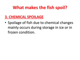 What makes the fish spoil?
3. CHEMICAL SPOILAGE
• Spoilage of fish due to chemical changes
mainly occurs during storage in ice or in
frozen condition.
 
