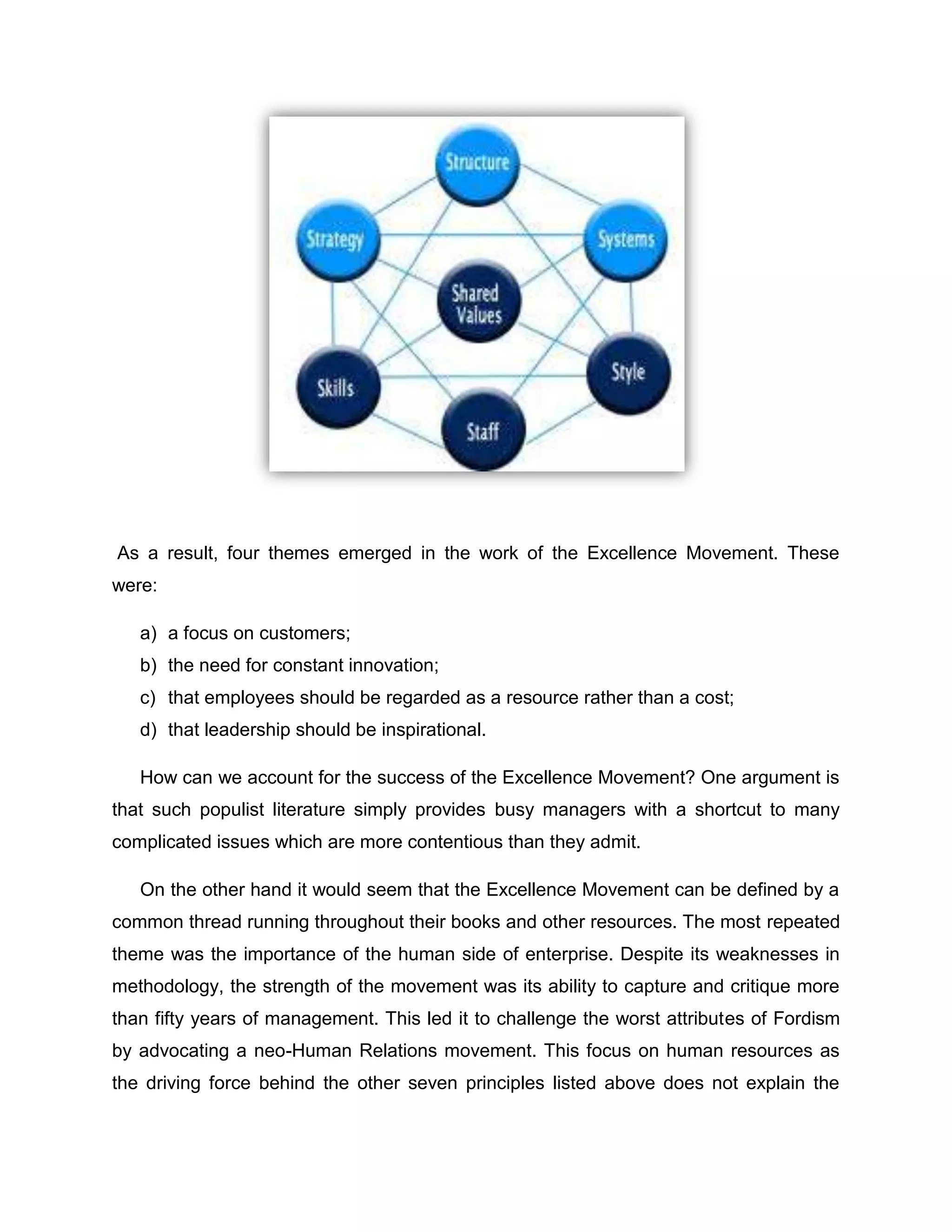 As a result, four themes emerged in the work of the Excellence Movement. These
were:
a) a focus on customers;
b) the need for constant innovation;
c) that employees should be regarded as a resource rather than a cost;
d) that leadership should be inspirational.
How can we account for the success of the Excellence Movement? One argument is
that such populist literature simply provides busy managers with a shortcut to many
complicated issues which are more contentious than they admit.
On the other hand it would seem that the Excellence Movement can be defined by a
common thread running throughout their books and other resources. The most repeated
theme was the importance of the human side of enterprise. Despite its weaknesses in
methodology, the strength of the movement was its ability to capture and critique more
than fifty years of management. This led it to challenge the worst attributes of Fordism
by advocating a neo-Human Relations movement. This focus on human resources as
the driving force behind the other seven principles listed above does not explain the
 