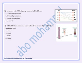 Shaffeenasr1985@gmail.com M: 0533903068
32) A person with A blood group can receive blood from:
a. A blood group donor.
b. B blood group donor.
c. Blood group donor.
d. A and C
33) Philadelphia chromosome is a specific chromosomal abnormality that is
associated with.
a. ALL
b. AML
c. CML
d. None.
 