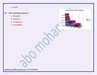 Shaffeenasr1985@gmail.com M: 0533903068
d. mg/d1.
60) More abundant leukocyte
a. Basophile
b. Monocyte
c. Lymphocyte
d. Neutrophils
 