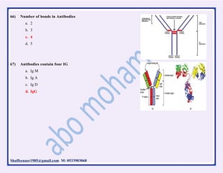 Shaffeenasr1985@gmail.com M: 0533903068
66) Number of bonds in Antibodies
a. 2
b. 3
c. 4
d. 5
67) Antibodies contain four IG
a. Ig M
b. Ig A
c. Ig D
d. IgG
 