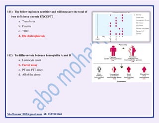 Shaffeenasr1985@gmail.com M: 0533903068
111) The following index sensitive and will measure the total of
iron deficiency anemia EXCEPT?
a. Transferrin
b. Fereitin
c. TIBC
d. Hb electrophoresis
112) To differentiate between hemophilia A and B
a. Leukocyte count
b. Factor assay
c. PT and PTT assay
d. All of the above
 