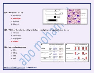 Shaffeenasr1985@gmail.com M: 0533903068
124) Differential test for
a. Erythrocyte
b. Leukocyte
c. Platelets
d. Blast cell
125) Which of the following will give the best overall picture of a patient's iron stores:,
a. Albumin
b. Transferrin
c. Haptoglobin
d. ferritin
126) Increase In thalassemia
a. HbA
b. HbA2
c. HbF
d. HbS
 