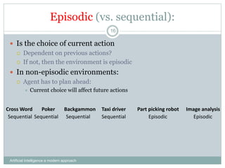 Episodic (vs. sequential):
Artificial Intelligence a modern approach
16
 Is the choice of current action
 Dependent on previous actions?
 If not, then the environment is episodic
 In non-episodic environments:
 Agent has to plan ahead:
 Current choice will affect future actions
Cross Word Backgammon Taxi driver Part picking robot
Poker Image analysis
Sequential
Sequential
Sequential
Sequential Episodic Episodic
 