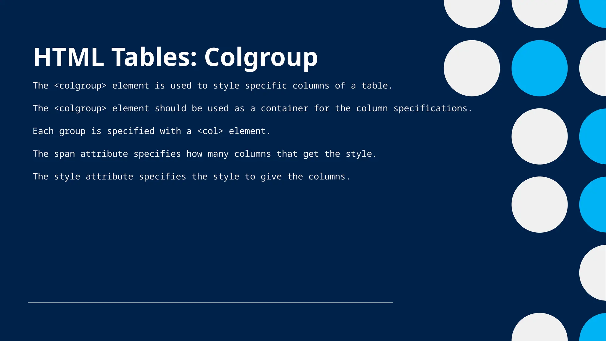 HTML Tables: Colgroup
The <colgroup> element is used to style specific columns of a table.
The <colgroup> element should be used as a container for the column specifications.
Each group is specified with a <col> element.
The span attribute specifies how many columns that get the style.
The style attribute specifies the style to give the columns.
 