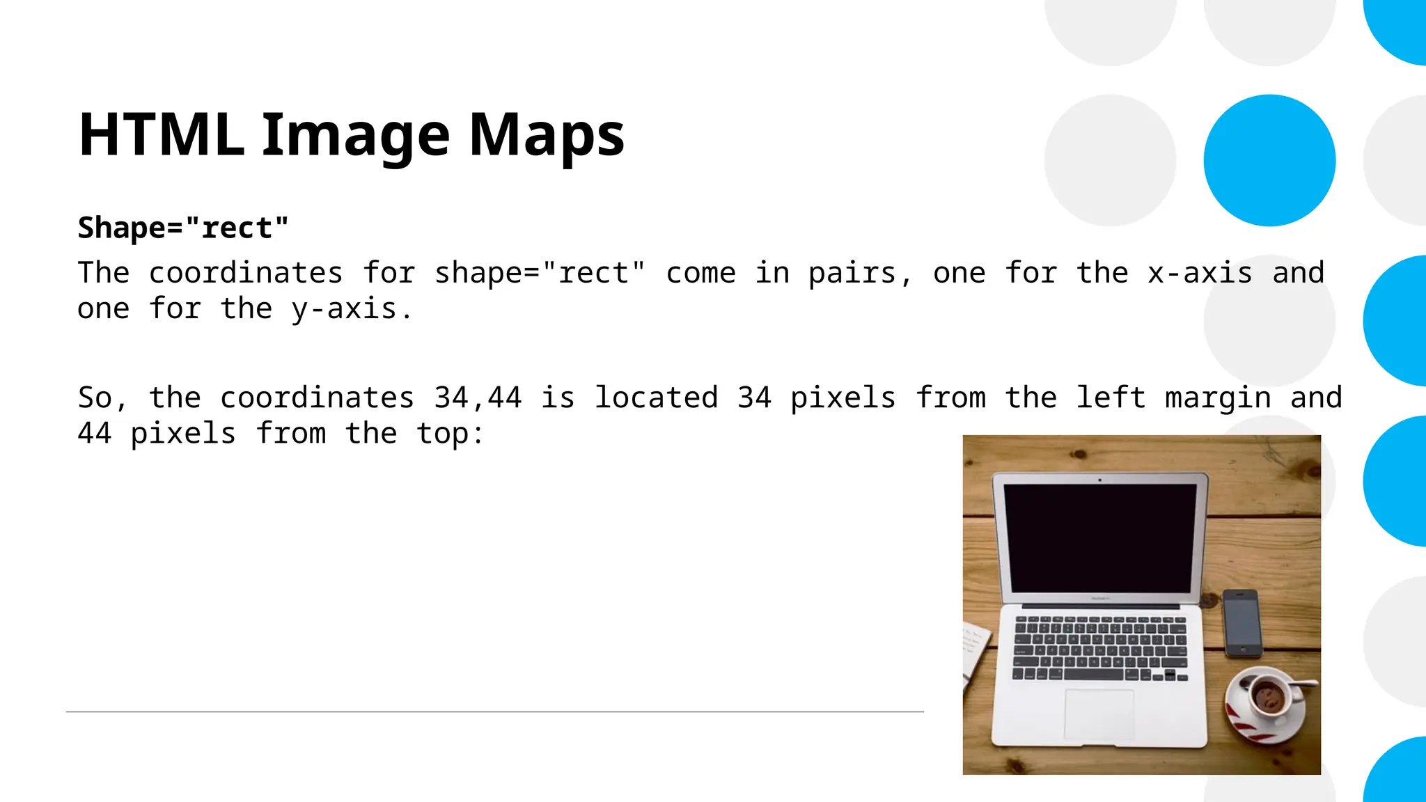 HTML Image Maps
Shape="rect"
The coordinates for shape="rect" come in pairs, one for the x-axis and
one for the y-axis.
So, the coordinates 34,44 is located 34 pixels from the left margin and
44 pixels from the top:
 