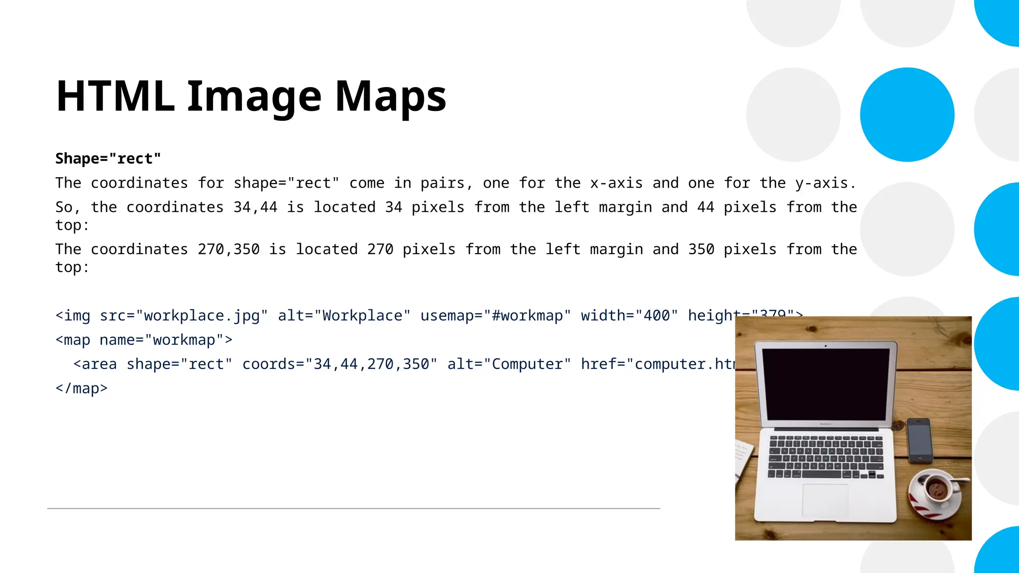 HTML Image Maps
Shape="rect"
The coordinates for shape="rect" come in pairs, one for the x-axis and one for the y-axis.
So, the coordinates 34,44 is located 34 pixels from the left margin and 44 pixels from the
top:
The coordinates 270,350 is located 270 pixels from the left margin and 350 pixels from the
top:
<img src="workplace.jpg" alt="Workplace" usemap="#workmap" width="400" height="379">
<map name="workmap">
<area shape="rect" coords="34,44,270,350" alt="Computer" href="computer.htm">
</map>
 