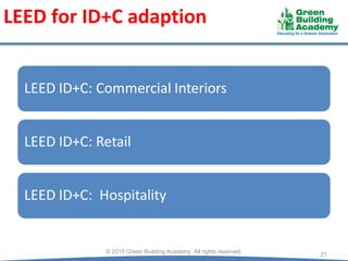 LEED for ID+C adaption
© 2015 Green Building Academy. All rights reserved.
21
 