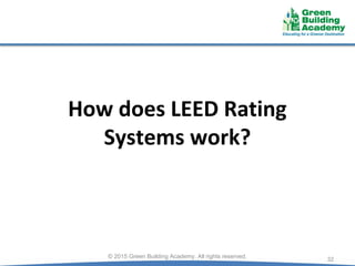 How does LEED Rating
Systems work?
32
© 2015 Green Building Academy. All rights reserved.
 