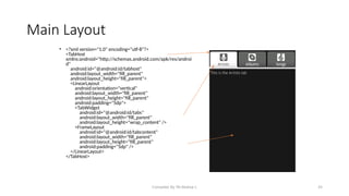 25
Main Layout
• <?xml version="1.0" encoding="utf-8"?>
<TabHost
xmlns:android="http://schemas.android.com/apk/res/androi
d"
android:id="@android:id/tabhost"
android:layout_width="fill_parent"
android:layout_height="fill_parent">
<LinearLayout
android:orientation="vertical"
android:layout_width="fill_parent"
android:layout_height="fill_parent"
android:padding="5dp">
<TabWidget
android:id="@android:id/tabs"
android:layout_width="fill_parent"
android:layout_height="wrap_content" />
<FrameLayout
android:id="@android:id/tabcontent"
android:layout_width="fill_parent"
android:layout_height="fill_parent"
android:padding="5dp" />
</LinearLayout>
</TabHost>
Compiled By Mr.Abdisa L
 