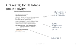 Compiled By Mr.Abdisa L 26
OnCreate() for HelloTabs
(main activity)
public void onCreate(Bundle savedInstanceState)
super.onCreate(savedInstanceState);
setContentView(R.layout.main);
Resources res = getResources(); // Resource object to get Drawables
TabHost tabHost = getTabHost(); // The activity TabHost
TabHost.TabSpec spec; // Resusable TabSpec for each tab
Intent intent; // Reusable Intent for each tab
// Create an Intent to launch an Activity for the tab (to be reused)
intent = new Intent().setClass(this, ArtistsActivity.class);
// Initialize a TabSpec for each tab and add it to the TabHost
spec = tabHost.newTabSpec("artists").setIndicator("Artists",
res.getDrawable(R.drawable.ic_tab_artists))
.setContent(intent);
tabHost.addTab(spec);
// Do the same for the other tabs
[………………………]
tabHost.setCurrentTab(2);
}
Main Activity is
a TabActivity –
has a TabHost
Builder
mapping the
resources to
the tab
Select Tab 2
 