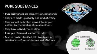 PURE SUBSTANCES
• Pure substances are elements or compounds.
• They are made up of only one kind of entity.
• They cannot be broken down into simpler
entities by chemical or physical methods.
• They have a fixed composition.
• Example: Diamond, carbon dioxide.
• Matter can be classified into two types of
substances – Pure substances and Mixtures
 