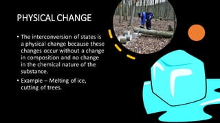 PHYSICAL CHANGE
• The interconversion of states is
a physical change because these
changes occur without a change
in composition and no change
in the chemical nature of the
substance.
• Example – Melting of ice,
cutting of trees.
 