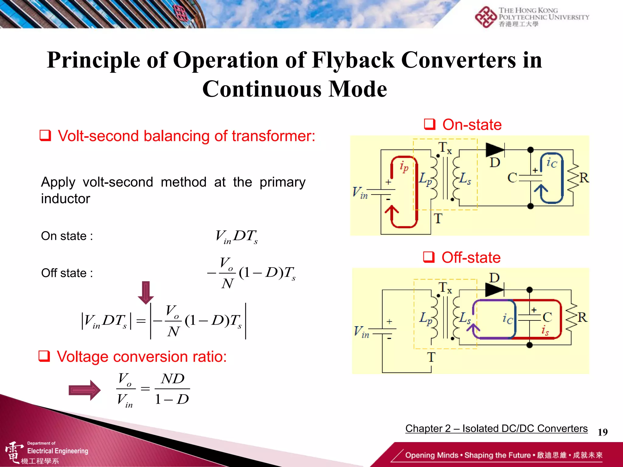 Principle of Operation of Flyback Converters in
Continuous Mode
19
 Volt-second balancing of transformer:
 Voltage conversion ratio:
1
o
in
V ND
V D


Apply volt-second method at the primary
inductor
On state : in s
V DT
(1 )
 
o
s
V
D T
N
Off state :
(1 )
  
o
in s s
V
V DT D T
N
 On-state
 Off-state
Chapter 2 – Isolated DC/DC Converters
 