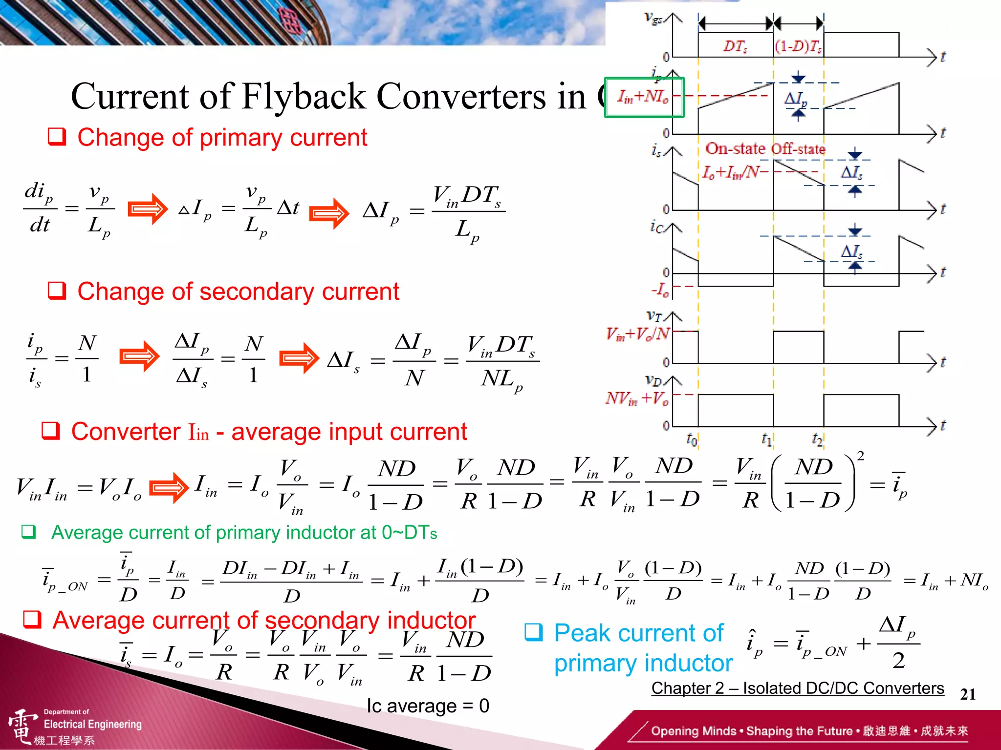 Current of Flyback Converters in Continuous Mode
21
in s
p
p
V DT
I
L
 

  
p in s
s
p
I V DT
I
N NL
_
ˆ
2

 
p
p p ON
I
i i
 Change of primary current

p p
p
di v
dt L
 
p
p
p
v
I t
L
 Change of secondary current
1



p
s
I N
I
1
N

p
s
i
i
 Converter Iin - average input current
 p
i

in in o o
V I V I  o
in o
in
V
I I
V 1


o
ND
I
D 1


o
V ND
R D 1


in o
in
V V ND
R V D
2
1
 
  

 
in
V ND
R D
 Peak current of
primary inductor
 Average current of secondary inductor

s o
i I  o
V
R
 o in o
o in
V V V
R V V 1


in
V ND
R D
 Average current of primary inductor at 0~DTs
_ 
p
p ON
i
i
D
 in
I
D
 
 in in in
DI DI I
D
(1 )

  in
in
I D
I
D
(1 )

  o
in o
in
V D
I I
V D
(1 )
1

 

in o
ND D
I I
D D
 
in o
I NI
Ic average = 0
Chapter 2 – Isolated DC/DC Converters
 
