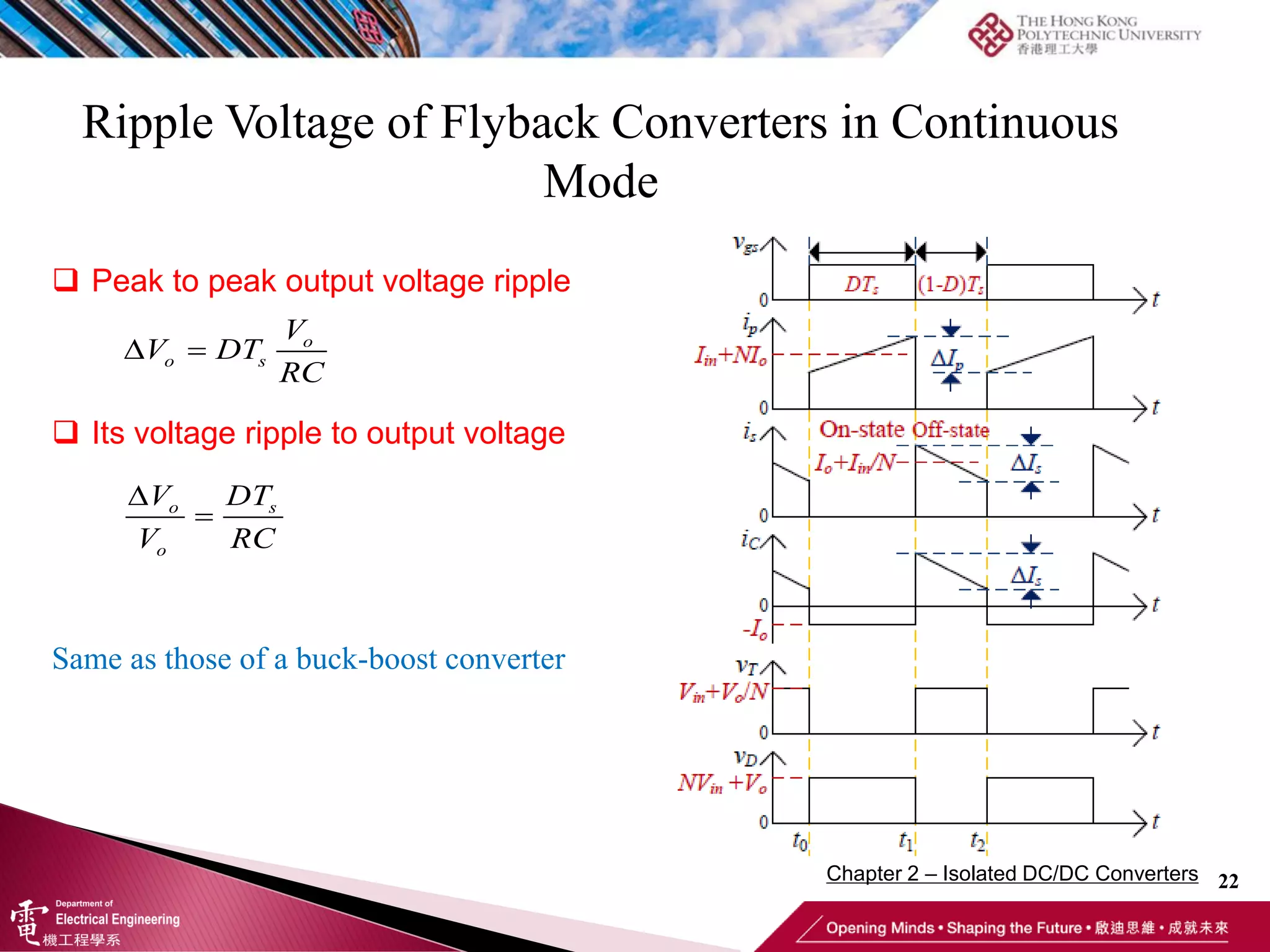 Ripple Voltage of Flyback Converters in Continuous
Mode
22
o
o s
V
V DT
RC
 
o s
o
V DT
V RC


 Peak to peak output voltage ripple
 Its voltage ripple to output voltage
Same as those of a buck-boost converter
Chapter 2 – Isolated DC/DC Converters
 