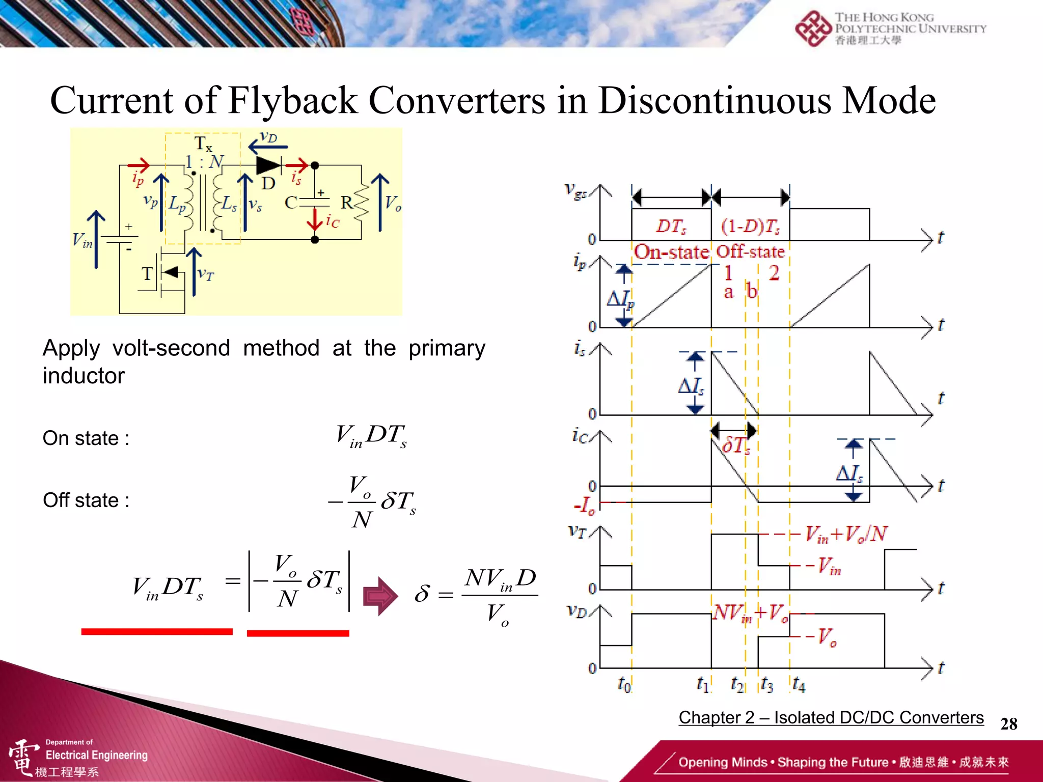 Current of Flyback Converters in Discontinuous Mode
28
in
o
NV D
V
 
Apply volt-second method at the primary
inductor
On state : in s
V DT
 o
s
V
T
N

Off state :
in s
V DT   o
s
V
T
N

Chapter 2 – Isolated DC/DC Converters
 