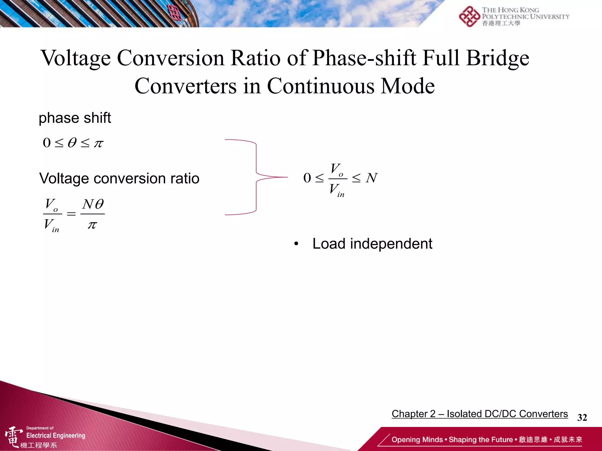 Voltage Conversion Ratio of Phase-shift Full Bridge
Converters in Continuous Mode
32
• Load independent
0  
 
0  
o
in
V
N
V

o
in
V N
V


phase shift
Voltage conversion ratio
Chapter 2 – Isolated DC/DC Converters
 