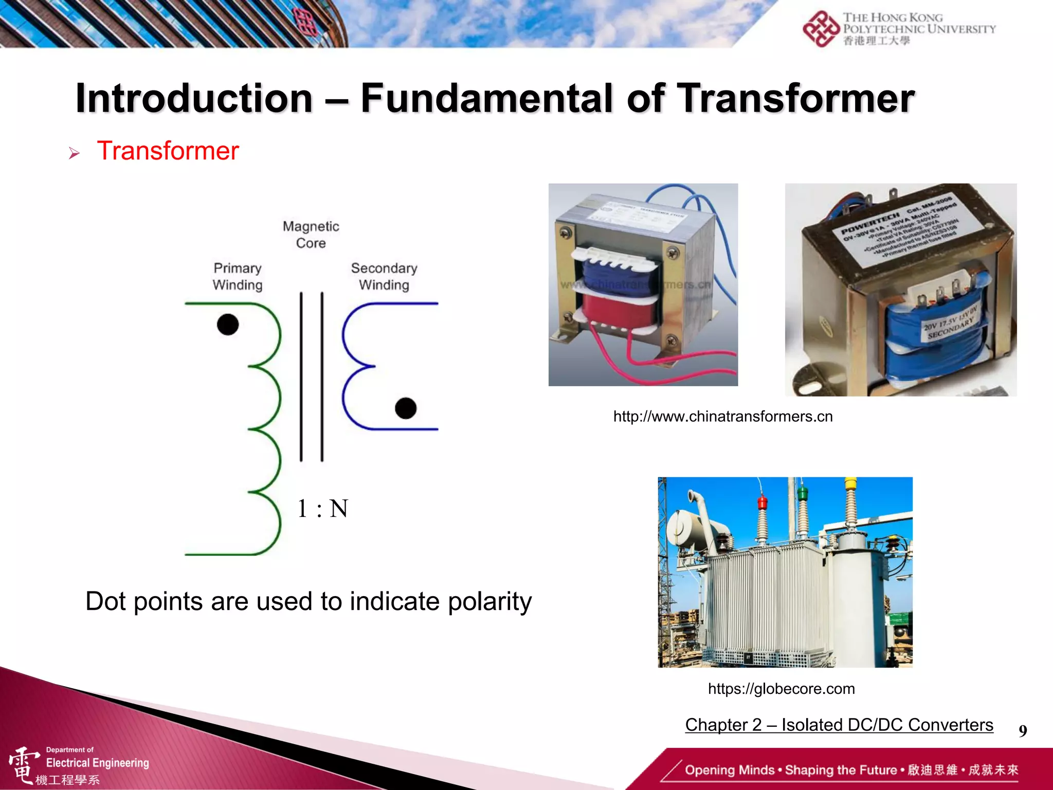 Introduction – Fundamental of Transformer
9
 Transformer
1 : N
Dot points are used to indicate polarity
https://globecore.com
http://www.chinatransformers.cn
Chapter 2 – Isolated DC/DC Converters
 