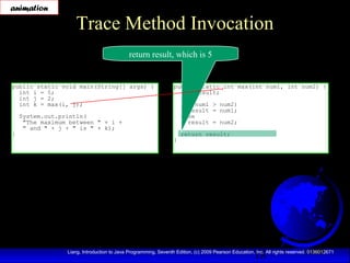 18Liang, Introduction to Java Programming, Seventh Edition, (c) 2009 Pearson Education, Inc. All rights reserved. 0136012671
Trace Method Invocation
public static void main(String[] args) {
int i = 5;
int j = 2;
int k = max(i, j);
System.out.println(
"The maximum between " + i +
" and " + j + " is " + k);
}
public static int max(int num1, int num2) {
int result;
if (num1 > num2)
result = num1;
else
result = num2;
return result;
}
return result, which is 5
animation
 