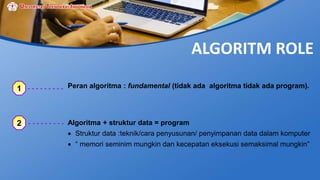 1 Peran algoritma : fundamental (tidak ada algoritma tidak ada program).
2 Algoritma + struktur data = program
 Struktur data :teknik/cara penyusunan/ penyimpanan data dalam komputer
 “ memori seminim mungkin dan kecepatan eksekusi semaksimal mungkin”
ALGORITM ROLE
 