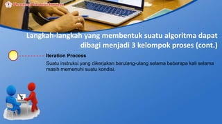 Langkah-langkah yang membentuk suatu algoritma dapat
dibagi menjadi 3 kelompok proses (cont.)
Iteration Process
Suatu instruksi yang dikerjakan berulang-ulang selama beberapa kali selama
masih memenuhi suatu kondisi.
 
