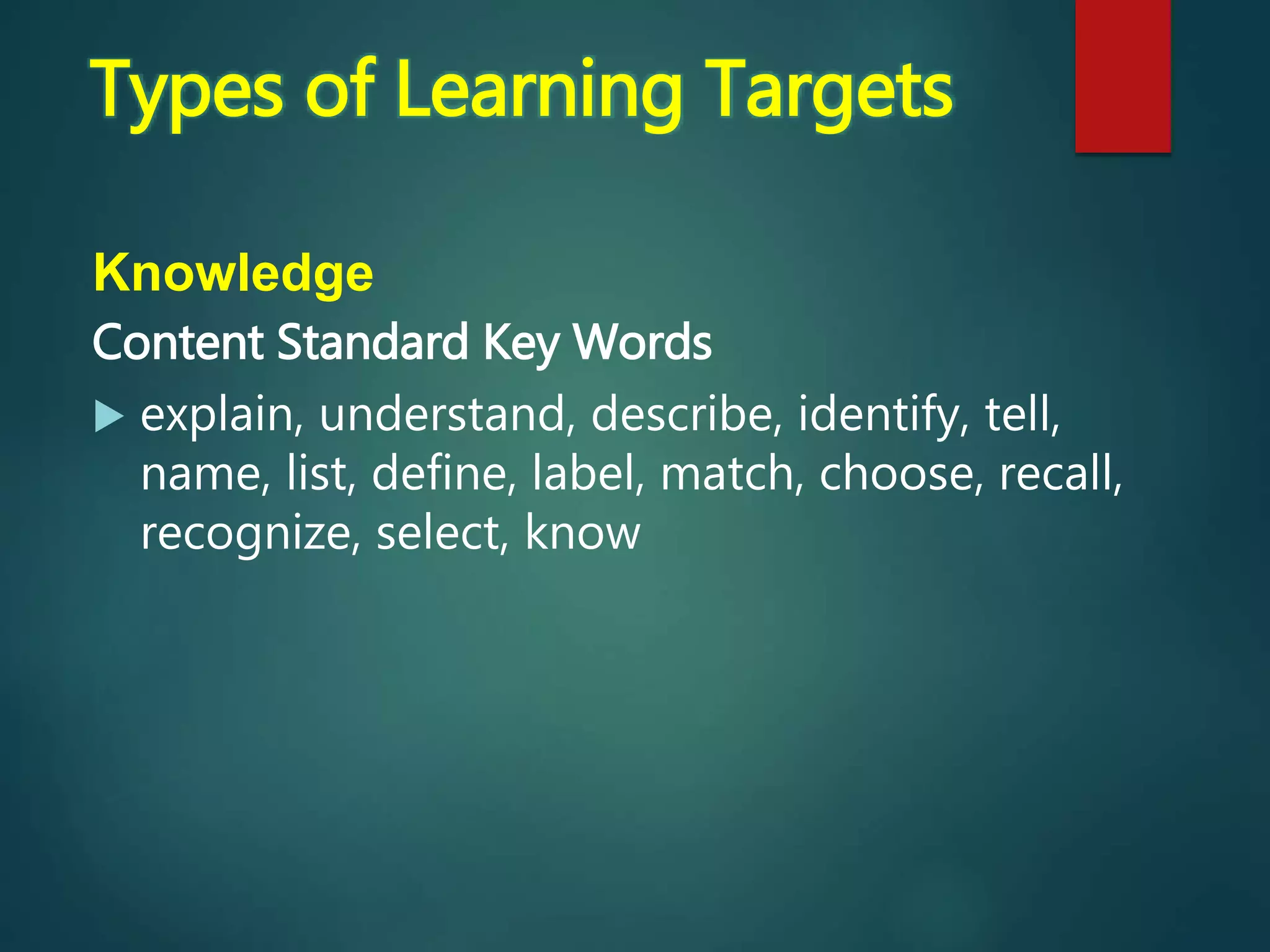 Knowledge
Content Standard Key Words
 explain, understand, describe, identify, tell,
name, list, define, label, match, choose, recall,
recognize, select, know
Types of Learning Targets
 