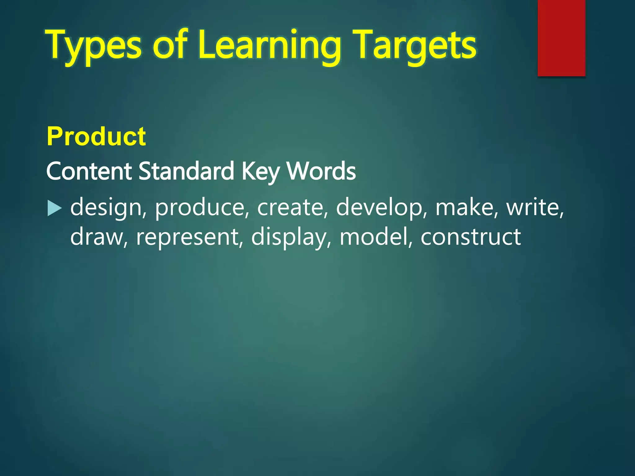 Product
Content Standard Key Words
 design, produce, create, develop, make, write,
draw, represent, display, model, construct
Types of Learning Targets
 