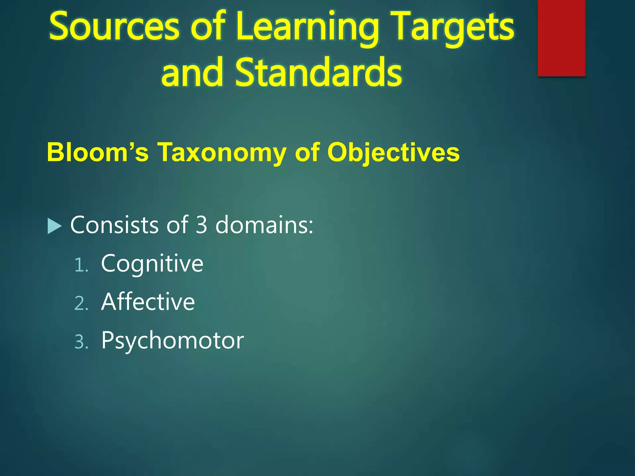 Bloom’s Taxonomy of Objectives
 Consists of 3 domains:
1. Cognitive
2. Affective
3. Psychomotor
Sources of Learning Targets
and Standards
 