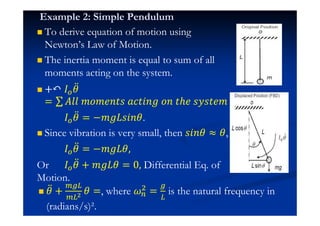 Example 2: Simple Pendulum
To derive equation of motion using
Newton’s Law of Motion.
The inertia moment is equal to sum of all
moments acting on the system.
+Ʉ H ӕ
= ˓ˬˬ ˭J˭˥JˮJ IIˮ˩J˧ JJ ˮ˨˥ J˳Jˮ˥˭
H ӕ = −˭˧HJ˩J .
Since vibration is very small, then J˩J ,
H ӕ = −˭˧H
Or H ӕ + ˭˧H = 0 Differential Eq. of
Motion.
ӕ + =, where $ = is the natural frequency in
(radians/s)².
 