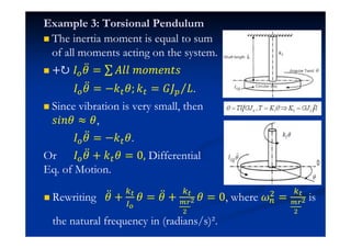 Example 3: Torsional Pendulum
The inertia moment is equal to sum
of all moments acting on the system.
+ɉ H ӕ = ˓ˬˬ ˭J˭˥JˮJ
H ӕ = −˫ ˫ = ˙H H.
Since vibration is very small, then
J˩J ,
H ӕ = −˫ .
Or H ӕ + ˫ = 0 Differential
Eq. of Motion.
Rewriting ӕ + = ӕ + = 0, where $ = is
the natural frequency in (radians/s)².
 