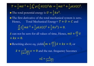 ˠ =
#
$
˭˲Ӕ $ +
#
$ "
( ˲Ӕ ˮ )$ˤ =
#
$
˭˲Ӕ $ +
#
H˲Ӕ ˮ $.
The total potential energy is ˡ =
#
$
˫˲$.
The first derivative of the total mechanical system is zero.
Hence, Total Mechanical Energy= ˠ + ˡ = ˕ and
(
#
$
˭˲Ӕ $
+
#
H˲Ӕ ˮ $
+
#
$
˫˲$
) = 0.
˲Ӕ can not be zero for all values of time, Hence, ˭˲ӕ +

%
˲ӕ
+ ˫˲ = 0.
Rewriting above eq. yields ˭ +

%
˲ӕ + ˫˲ = 0, or
˲ӕ + 
 ˲ = 0 and the nat. frequency becomes
$ = 
 .
 