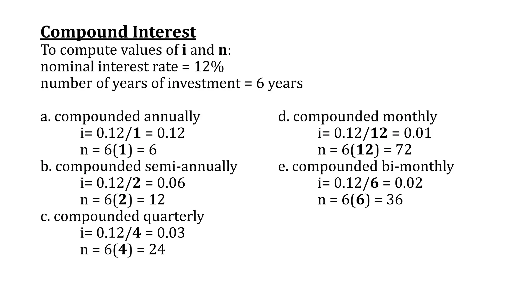 Compound Interest
To compute values of i and n:
nominal interest rate = 12%
number of years of investment = 6 years
a. compounded annually d. compounded monthly
i= 0.12/1 = 0.12 i= 0.12/12 = 0.01
n = 6(1) = 6 n = 6(12) = 72
b. compounded semi-annually e. compounded bi-monthly
i= 0.12/2 = 0.06 i= 0.12/6 = 0.02
n = 6(2) = 12 n = 6(6) = 36
c. compounded quarterly
i= 0.12/4 = 0.03
n = 6(4) = 24
 