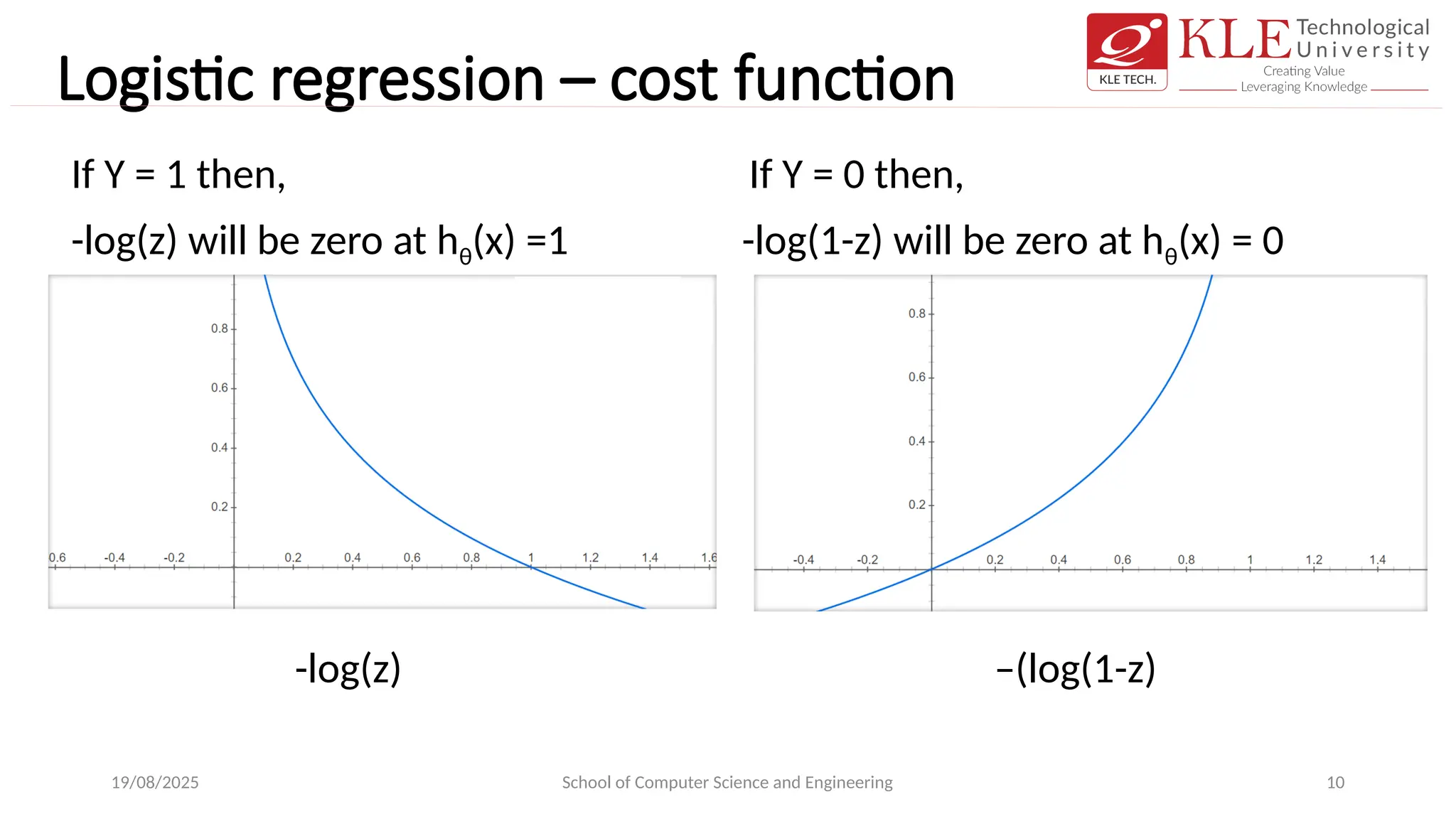 Logistic regression – cost function
If Y = 1 then, If Y = 0 then,
-log(z) will be zero at hθ(x) =1 -log(1-z) will be zero at hθ(x) = 0
-log(z) –(log(1-z)
19/08/2025 School of Computer Science and Engineering 10
 