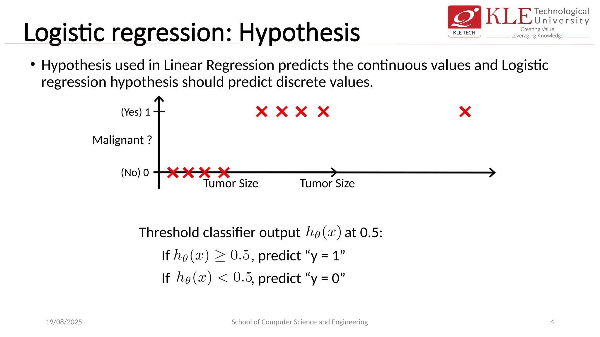 Logistic regression: Hypothesis
• Hypothesis used in Linear Regression predicts the continuous values and Logistic
regression hypothesis should predict discrete values.
19/08/2025 School of Computer Science and Engineering 4
Tumor Size
Threshold classifier output at 0.5:
If , predict “y = 1”
If , predict “y = 0”
Tumor Size
Malignant ?
(Yes) 1
(No) 0
 