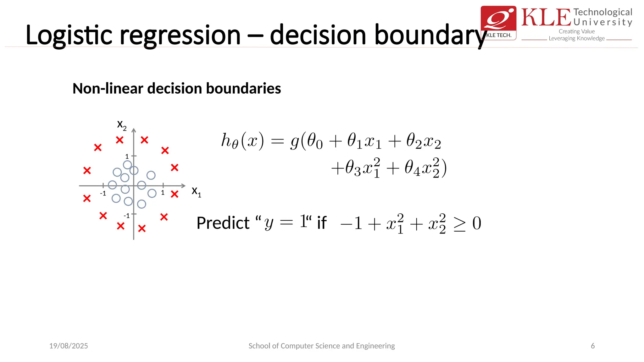 Logistic regression – decision boundary
19/08/2025 School of Computer Science and Engineering 6
Non-linear decision boundaries
x1
x2
Predict “ “ if
1
-1
-1
1
 