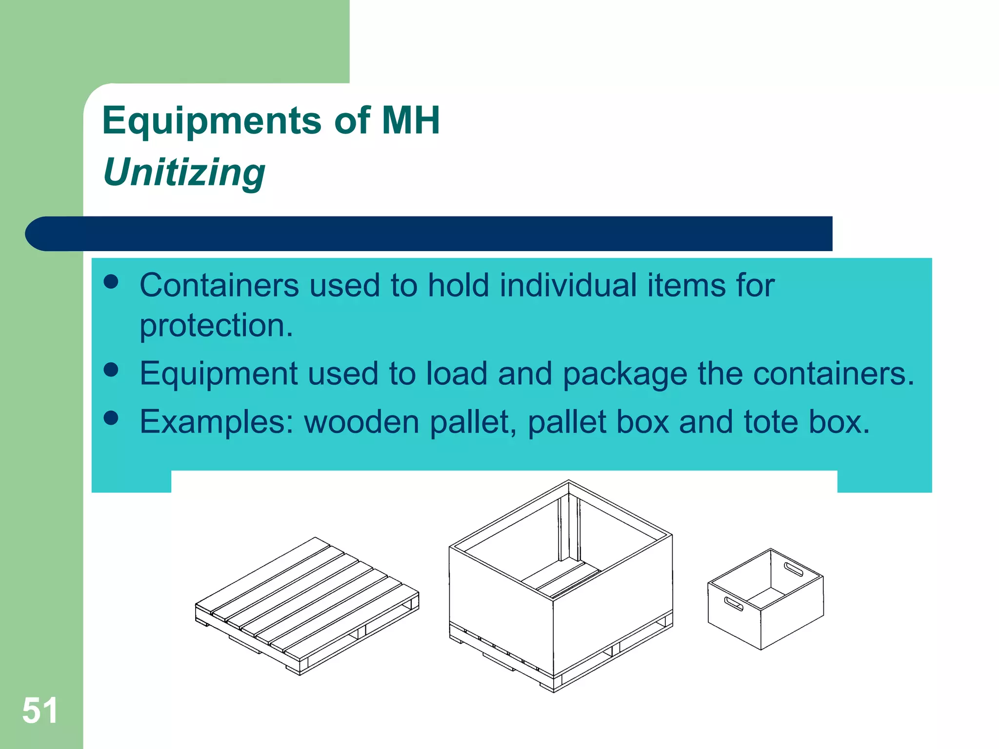 51
Equipments of MH
Unitizing
 Containers used to hold individual items for
protection.
 Equipment used to load and package the containers.
 Examples: wooden pallet, pallet box and tote box.
 