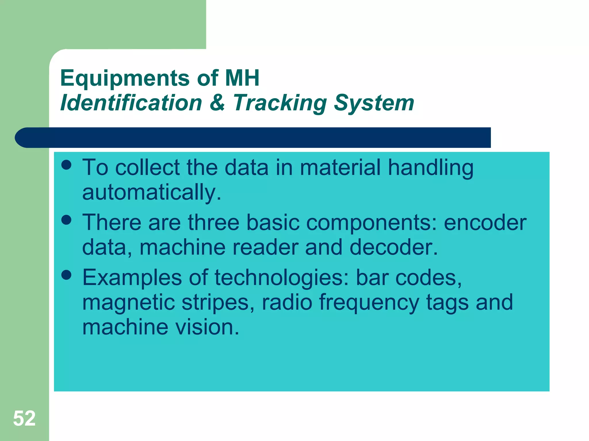52
Equipments of MH
Identification & Tracking System
 To collect the data in material handling
automatically.
 There are three basic components: encoder
data, machine reader and decoder.
 Examples of technologies: bar codes,
magnetic stripes, radio frequency tags and
machine vision.
 