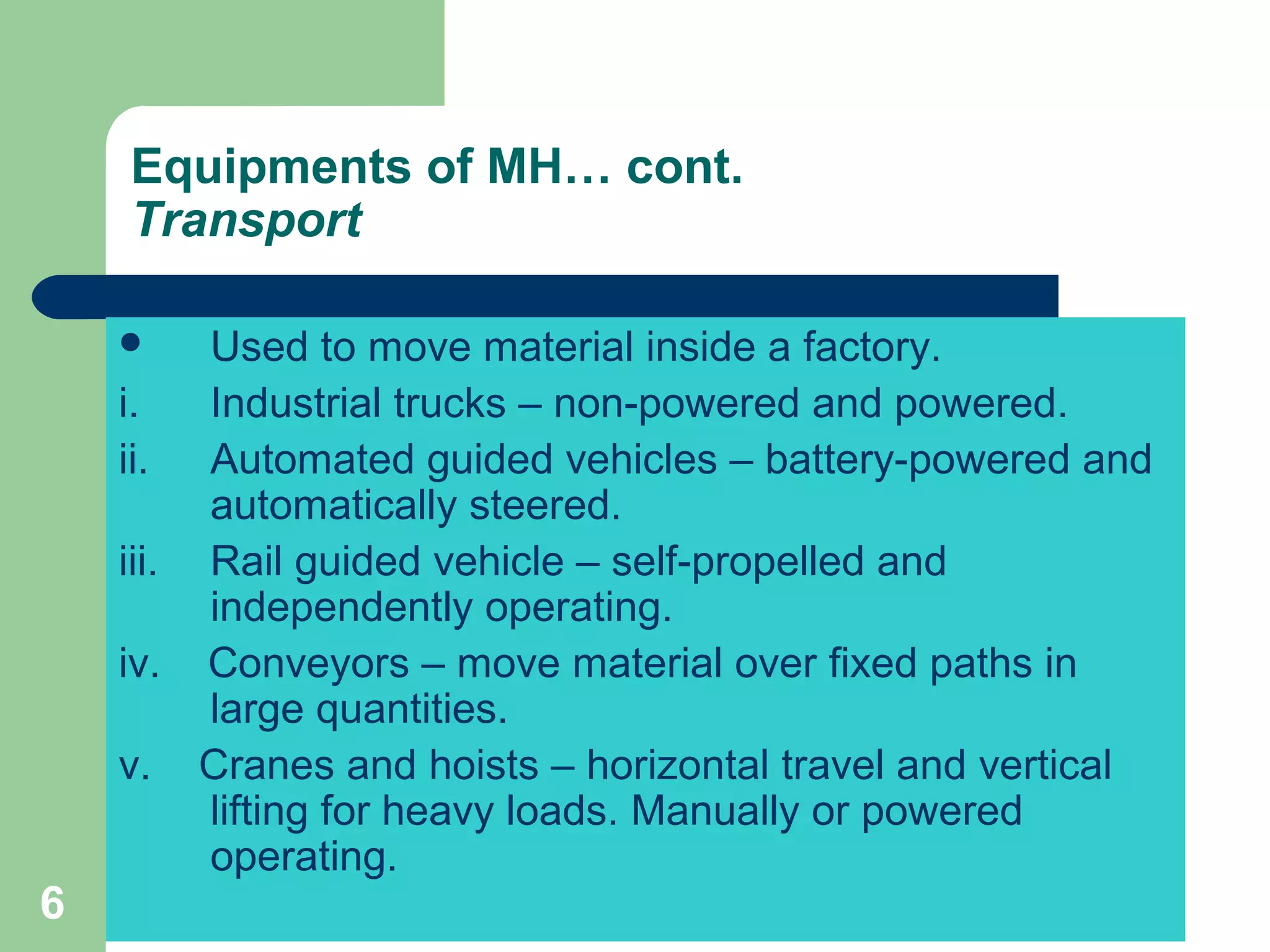 6
Equipments of MH… cont.
Transport
 Used to move material inside a factory.
i. Industrial trucks – non-powered and powered.
ii. Automated guided vehicles – battery-powered and
automatically steered.
iii. Rail guided vehicle – self-propelled and
independently operating.
iv. Conveyors – move material over fixed paths in
large quantities.
v. Cranes and hoists – horizontal travel and vertical
lifting for heavy loads. Manually or powered
operating.
 