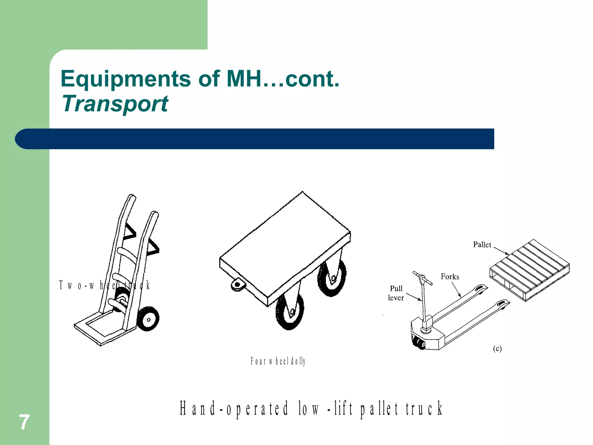 7
Equipments of MH…cont.
Transport
F o u r w h e e l d o lly
T w o - w h e e l t r u c k
H a n d - o p e r a t e d lo w - lif t p a lle t t r u c k
 